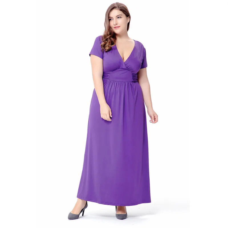 

Plus Size Women Dress Elegant Loose V-neck Close Waist Short Sleeve Long Office Ladies Vintage Oversize Basic Woman Solid Dress