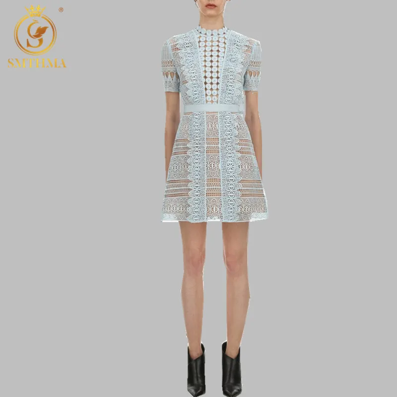 Женское кружевное платье SMTHMA голубое с перфорацией коротким рукавом лето 2019 |