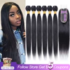 Прямые пряди с закрытием 50 г, бразильские волнистые пряди с закрытием, человеческие волосы Remy, кружевные пряди