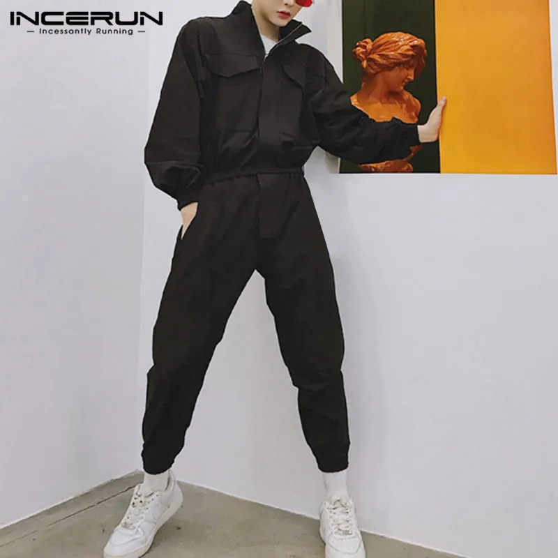 INCERUN New Fashion Men Jumpsuit Romper Joggers Long Sleeve Solid Color Streetwear Casual Trousers Men Cargo Overalls 2020 S-5XL