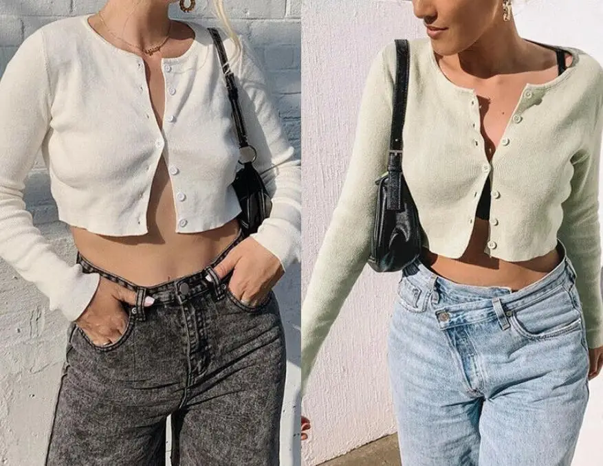 Женский длинный рукав открытый передний кардиган на пуговицах вязаный джемпер