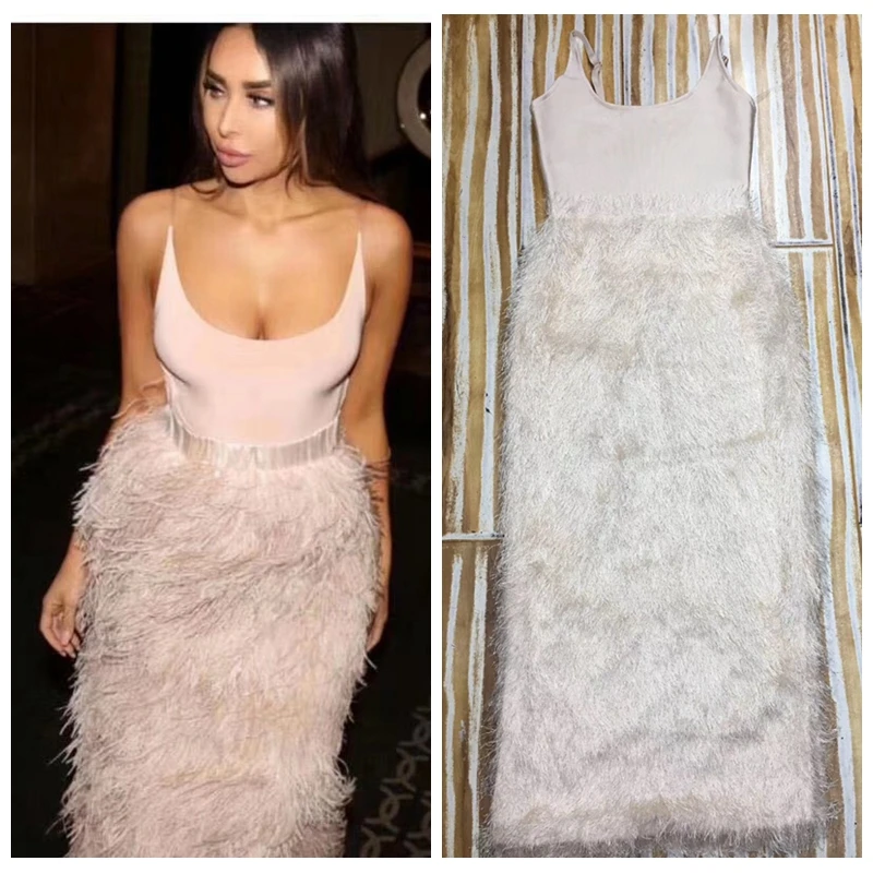 Платье женское на бретелях спагетти элегантное вечернее мини платье с мехом без