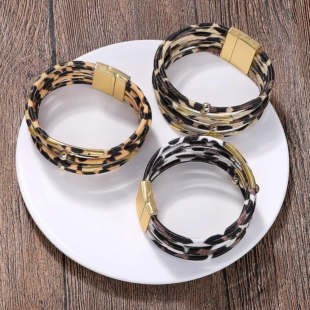 Леопардовые кожаные браслеты для женщин 2019 модные и элегантный многослойный