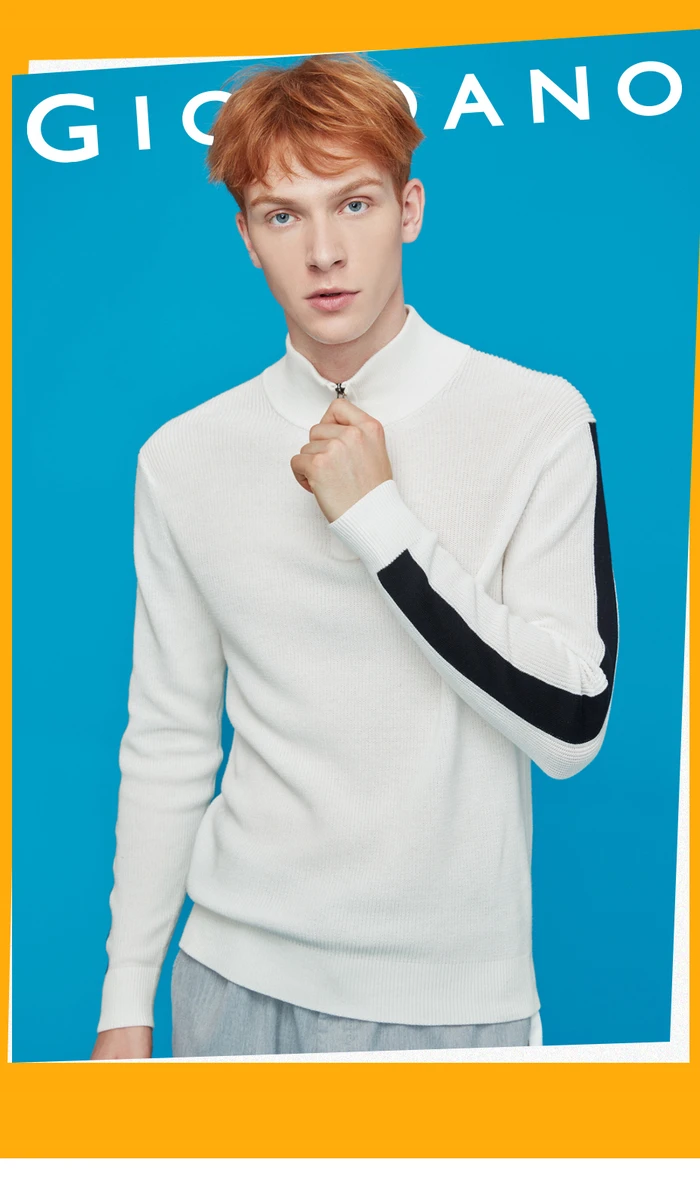 Giordano мужские свитера Mockneck половина Placket контрастный вязаный свитер молния муха Легкий эластичный мужской s свитера для 90059877