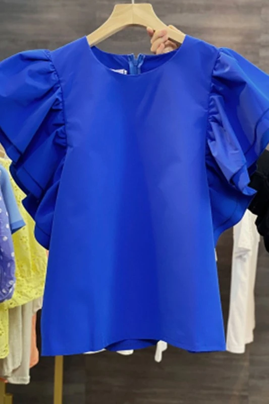 

Fly Sleeve Short-Sleeve Round Collar T-shirt Women's 2020 Summer New Korean-Style Loose Simple All-match Solid Color Blusas Tops