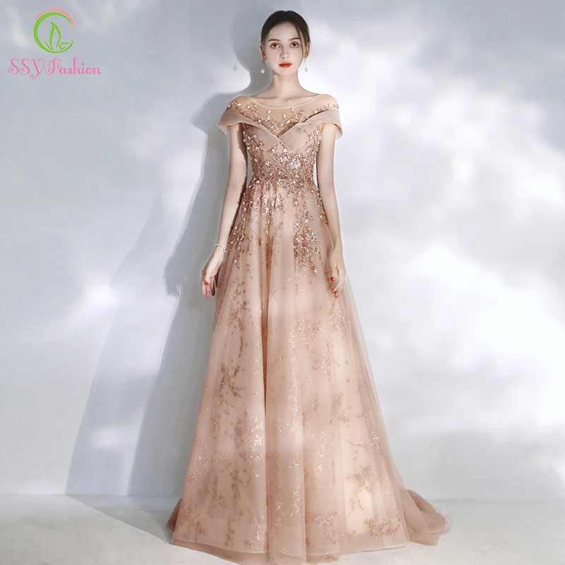 Женское вечернее платье со шлейфом SSYFashion романтическое длинное телесного или