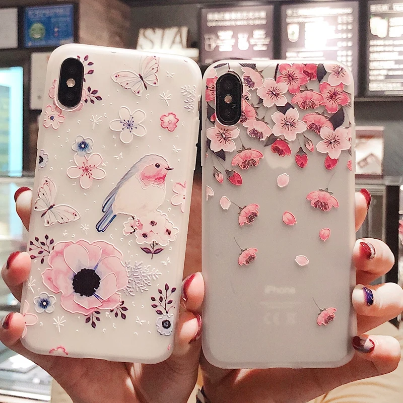 Для iPhone 6 6s 7 8 Plus 10 11 Pro X XS XR Max 3D Цветочный рельефный Матовый Прозрачный мягкий