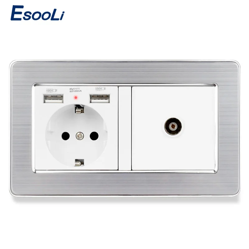 Esooli гнездо питания стандарта ЕС заземленная с женским ТВ разъемом 2100mA двойной USB