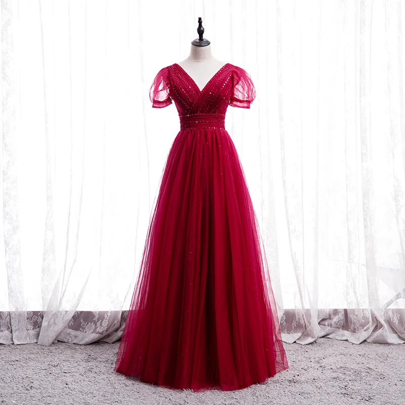 

Bespoke Occasion Dresses Illusion V-neck Short Beading Sequined Pleat Luxury Burgundy Backless Women Formal Evening Gown HB233