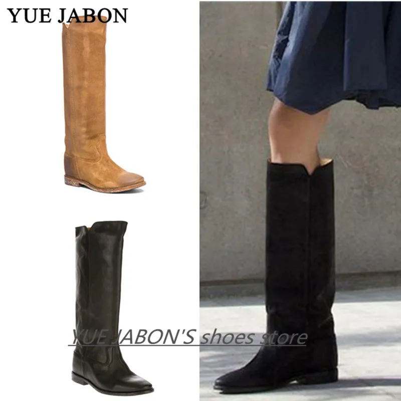 

Реальные фотографии, зимние сапоги для девочек, прямые длинные сапоги из потертой кожи, увеличивающие рост сапоги до колена, черные женские сапоги