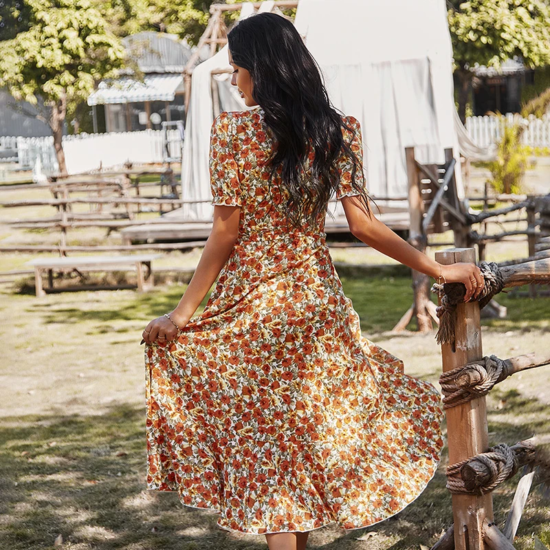 

2021 New High Waist Floral Print Woman Spring Summer Holiday Party Flowy A Line Ruffle Dresses Fashion Short Sleeve