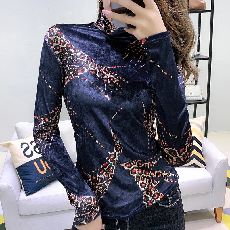 Женская бархатная Водолазка с длинным рукавом леопардовым принтом|Футболки| |