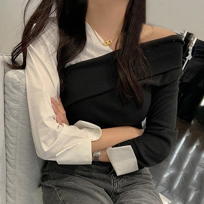 2021 Spring New Korean Fashion Women's Blouse and Shirt Long Sleeve Top Elegant Blouse Patchwork V Neck Plus Size Women Clothing