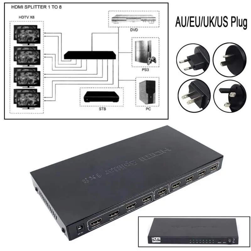 8 портов 1 в Выход HDMI сплиттер аудио видео 1080P k 2 DVD HDTV усилитель повторителя для HD 4