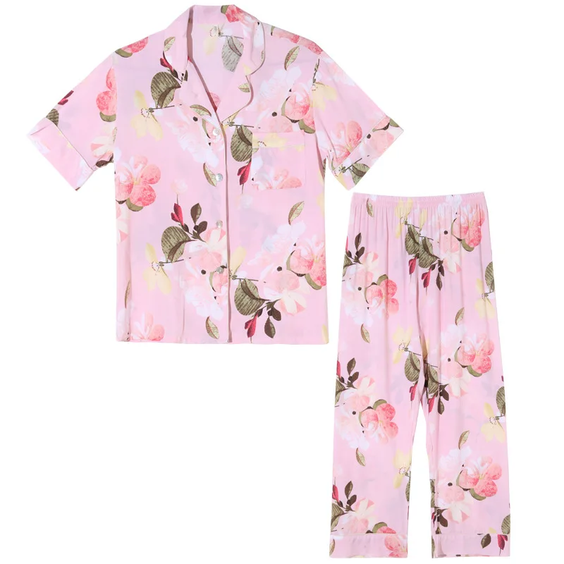 Spring Summer New Pajamas Women's Short Sleeve Trousers Nightwear Set Loose Cardigan Thin Home Wear Lapel Suit Sleepwear