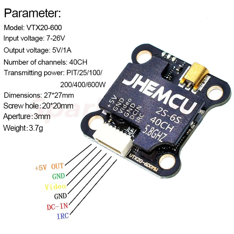 JHEMCU VTX20-600 5,8G 40CH 20X20mm PitMode 25mW, 100mW, 200mW, 400mW, 600mW ajustable VTX 7-26V para RC FPV Racing libre Drones-1