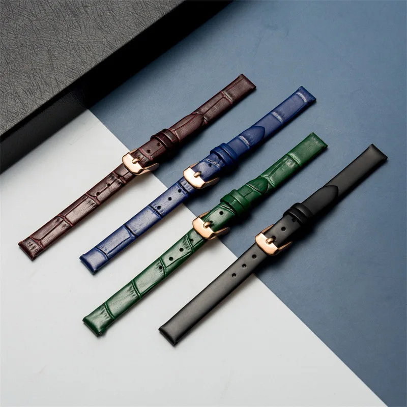 

10mm Women Girls Watchbands Small Size Width First Layer Genuine Leather Strap Watch Band Black Green Female's Slim Wrist Band