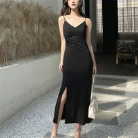 retro black sexy slip dress sleeveless slim elegant v neck slit strapless vestidos mujer verano 2021 robe femme %c3%a9t%c3%a9 dos nu s xxl