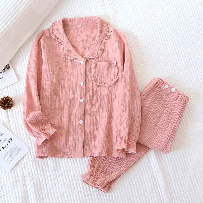 

Пижама женская с длинным рукавом, двухслойная вареная Хлопковая пижама из крепа, однотонная марлевая Домашняя одежда, весна-осень