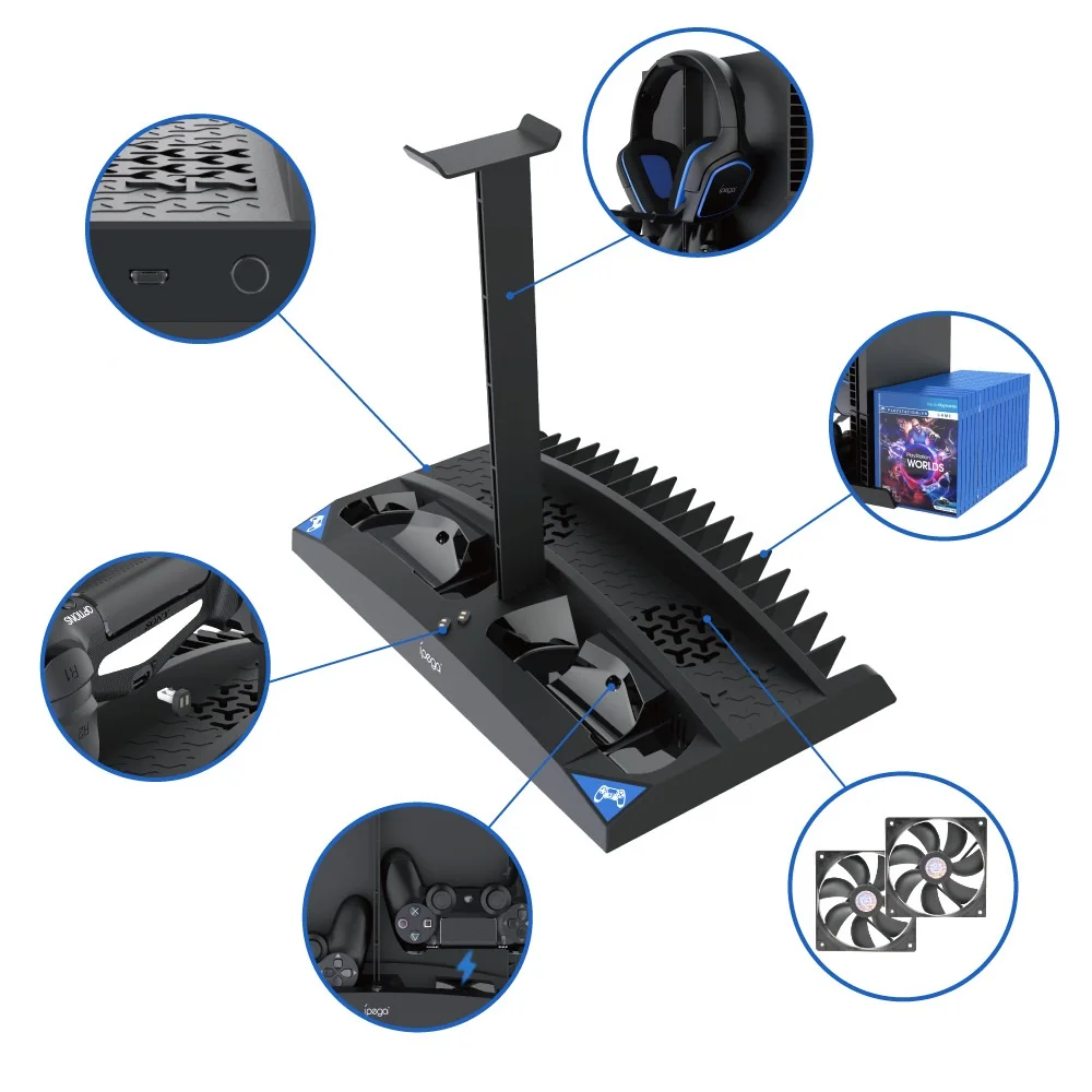 LED Vertical Headset Stand Cooling Fan Dual Controller Charger Dock Charging Station Game Disc Storage for PS 4/Slim/Pro Console |