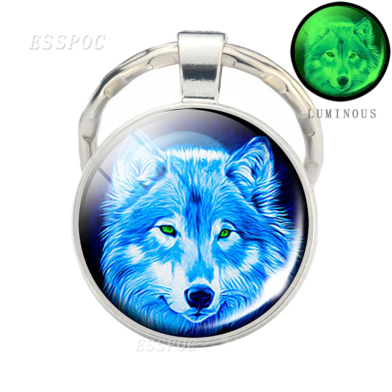 Glow in Dark Jewelry Howling Wolf Keychain Wolf Luminous Glass Cabochon Pendant Keyring Double Side Glass Ball Keychain
