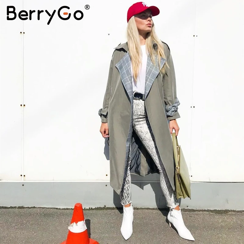 BerryGo отложной воротник сшивание Женский Тренч винтажное клетчатое осенне-зимнее длинное пальто с поясом Женское пальто