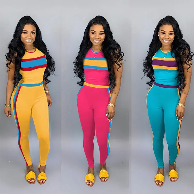 2019 женский летний лоскутный топ на бретелях обтягивающие брюки карандаш костюм