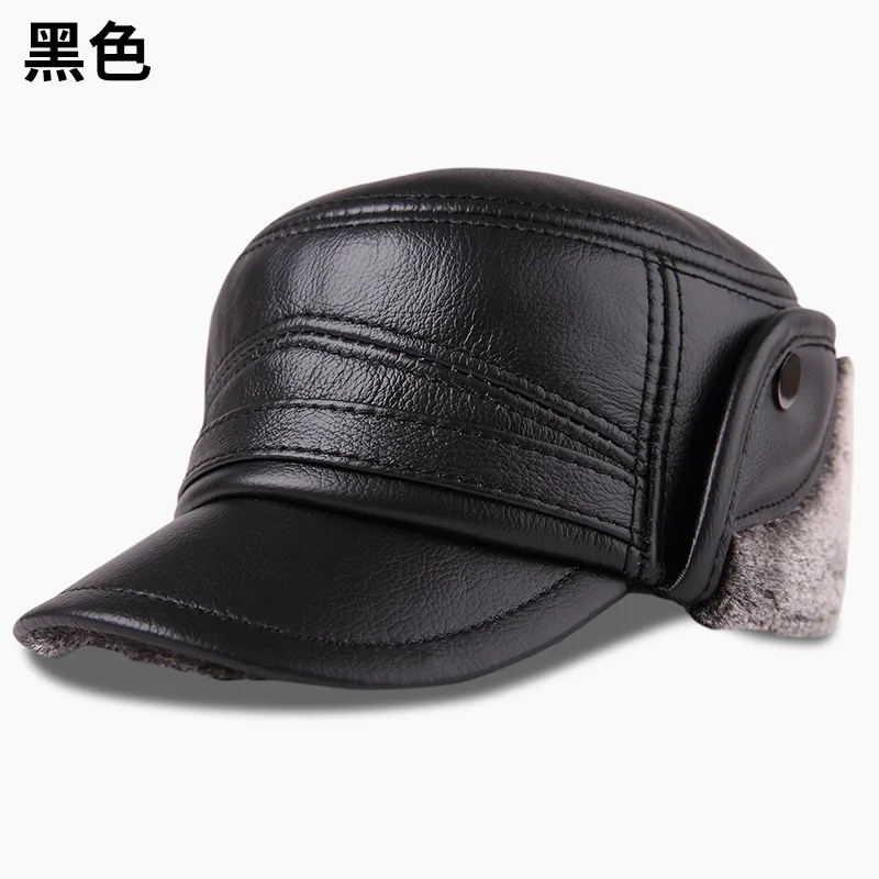 Ushanka Men Winter Thick Warm Outdoor Earmuff Cotton Cap Old Man Cow Leather Hat warm fur