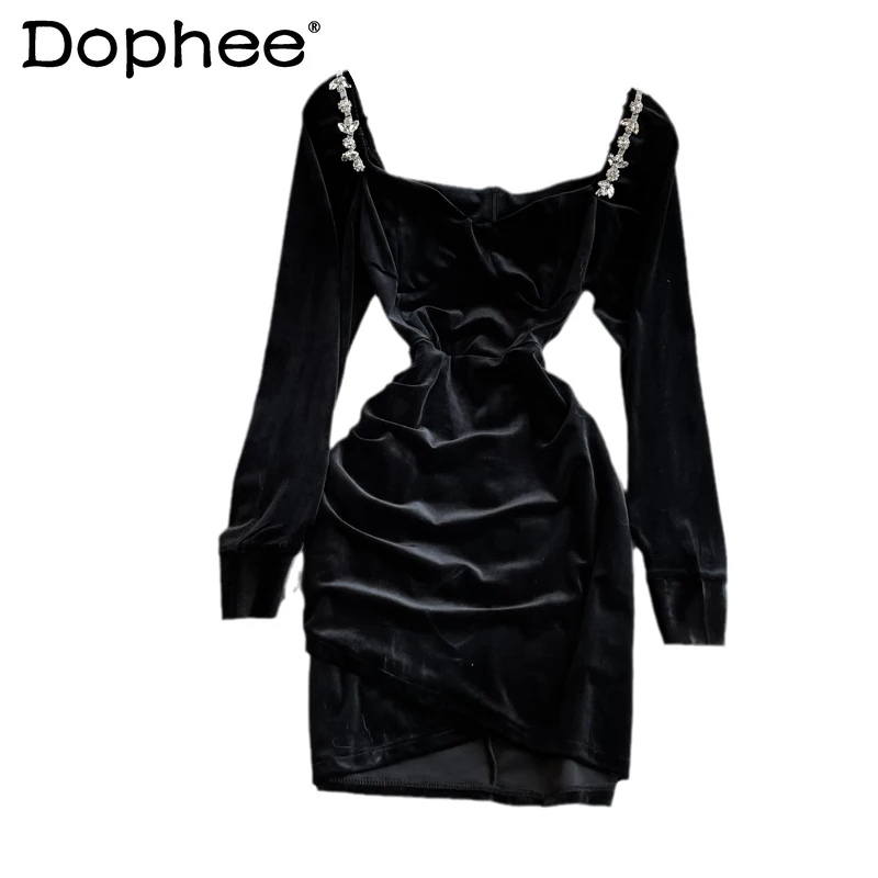 

French Retro Hepburn Style Refined Rhinestone Velvet Square Collar Slimming Pleated Base Narrow Dress Dress for Women
