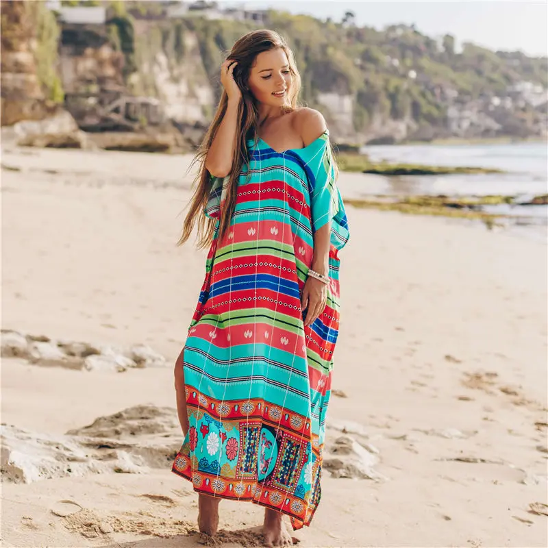Хлопковое пляжное платье Длинная пляжная туника с принтом парео женский пляжный