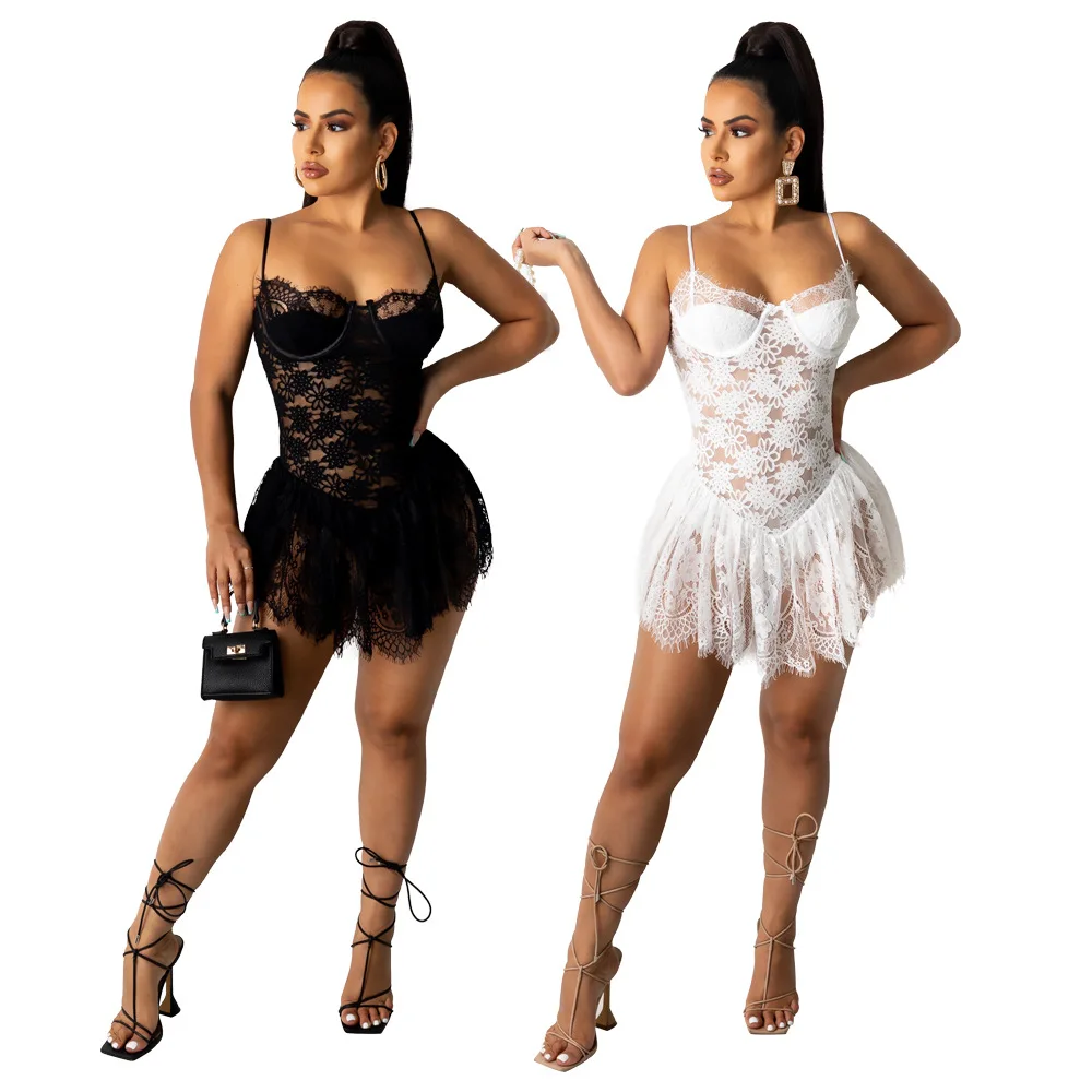 

Summer New Mid-Skirt Lace Mid-Waist Temperament Commuter Solid Color Sexy Sling Lace Ruffled Dress