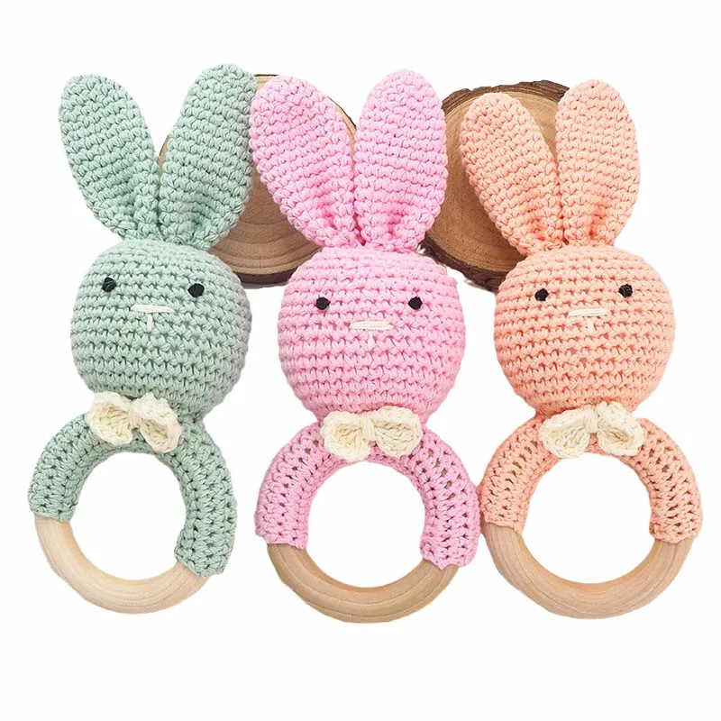 Chenkai 10PCS Crochet Rabbit Nature Wood Ring Baby Teether Food Grade DIY Wooden Infan Pacifier Teetheing Gift Chain Grasp Toy