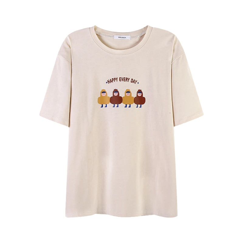 

Women Anime Print Cotton T-shirt Summer Vintage Short Sleeve Crewneck Sexy Loose Tops Beige Harajuku Streetwear M82