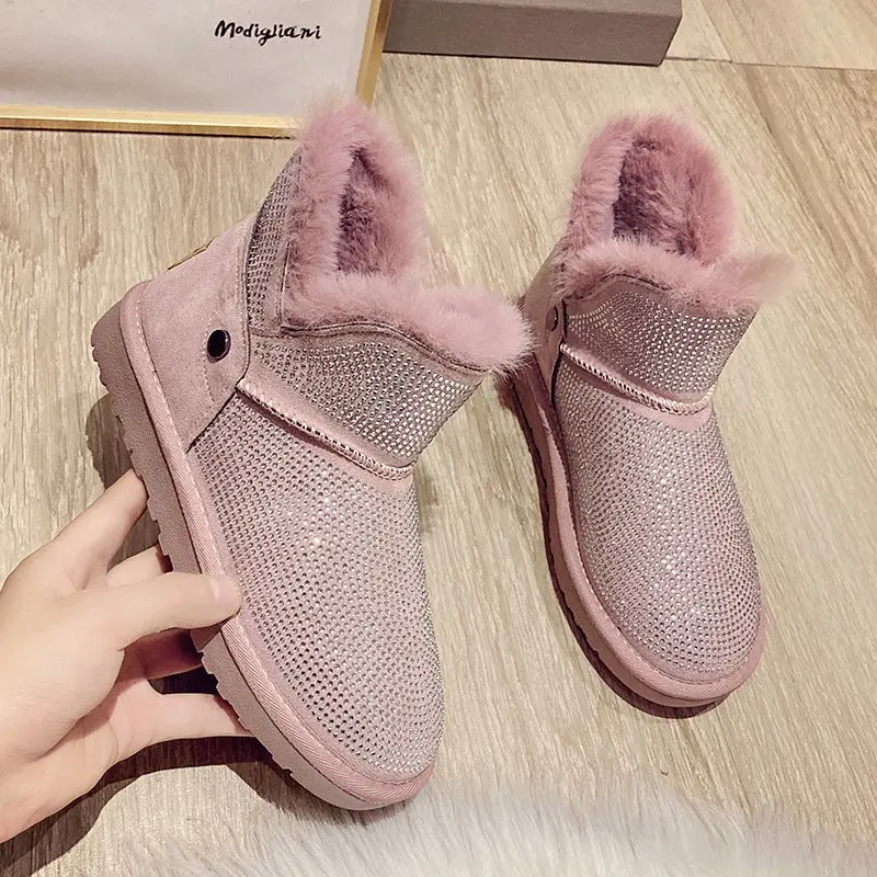 

Женские зимние ботинки, Зимние Теплые повседневные женские ботильоны, нескользящая обувь Rhinstone из искусственной кожи на плоской подошве, мо...