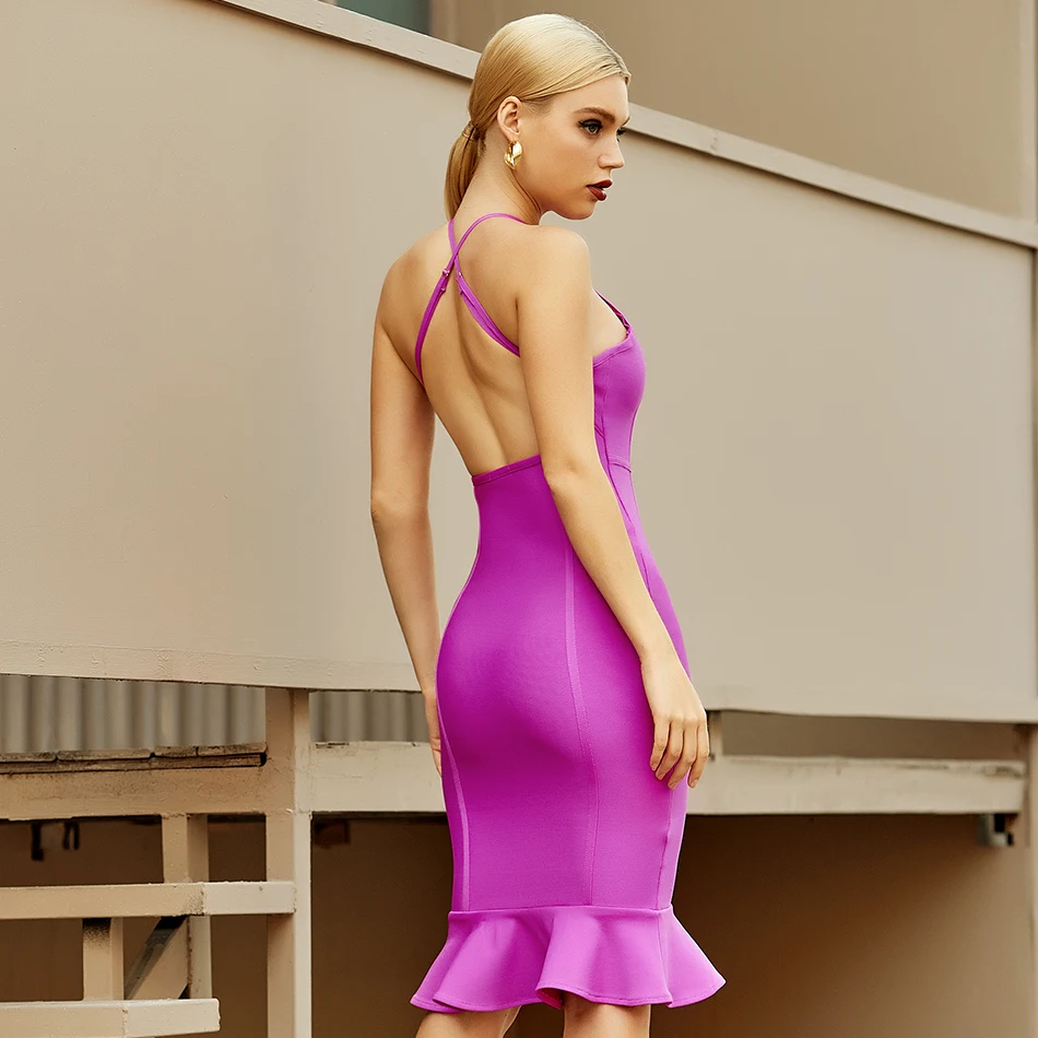 

Lftassoat New Summer Halter Backless Mermaid Bandage Dress For Women Sexy Sleeveless Ruffles Club Celebrity Evening Party Dress