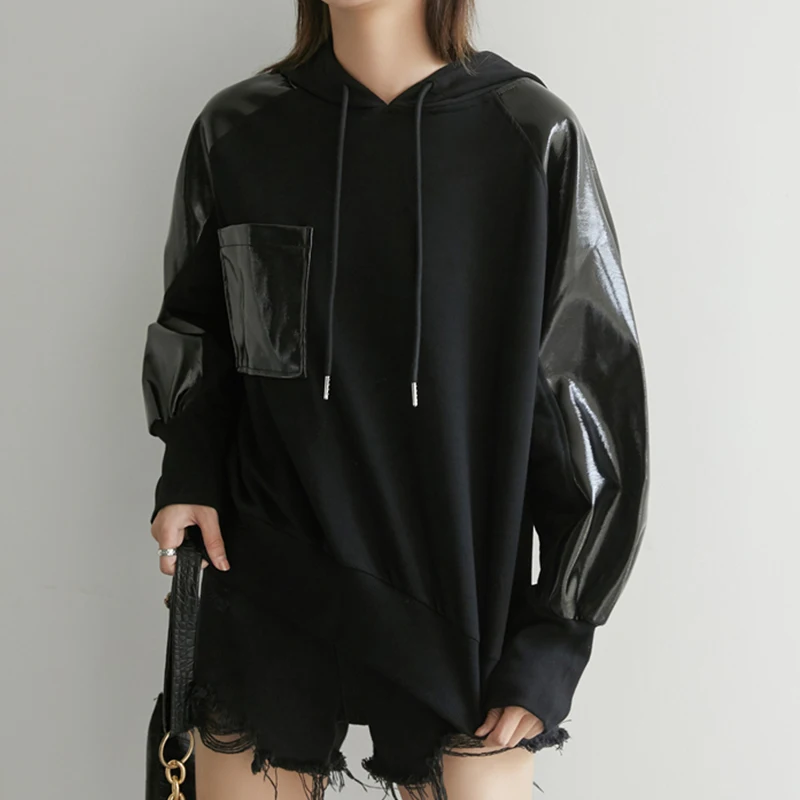 

Hoodies Sweatshirt Pullover Long Sleeve Patchwork Faux PU Fur Leather Hooded Jumper Sweatwear 2021 New Female Fashion Spring Top