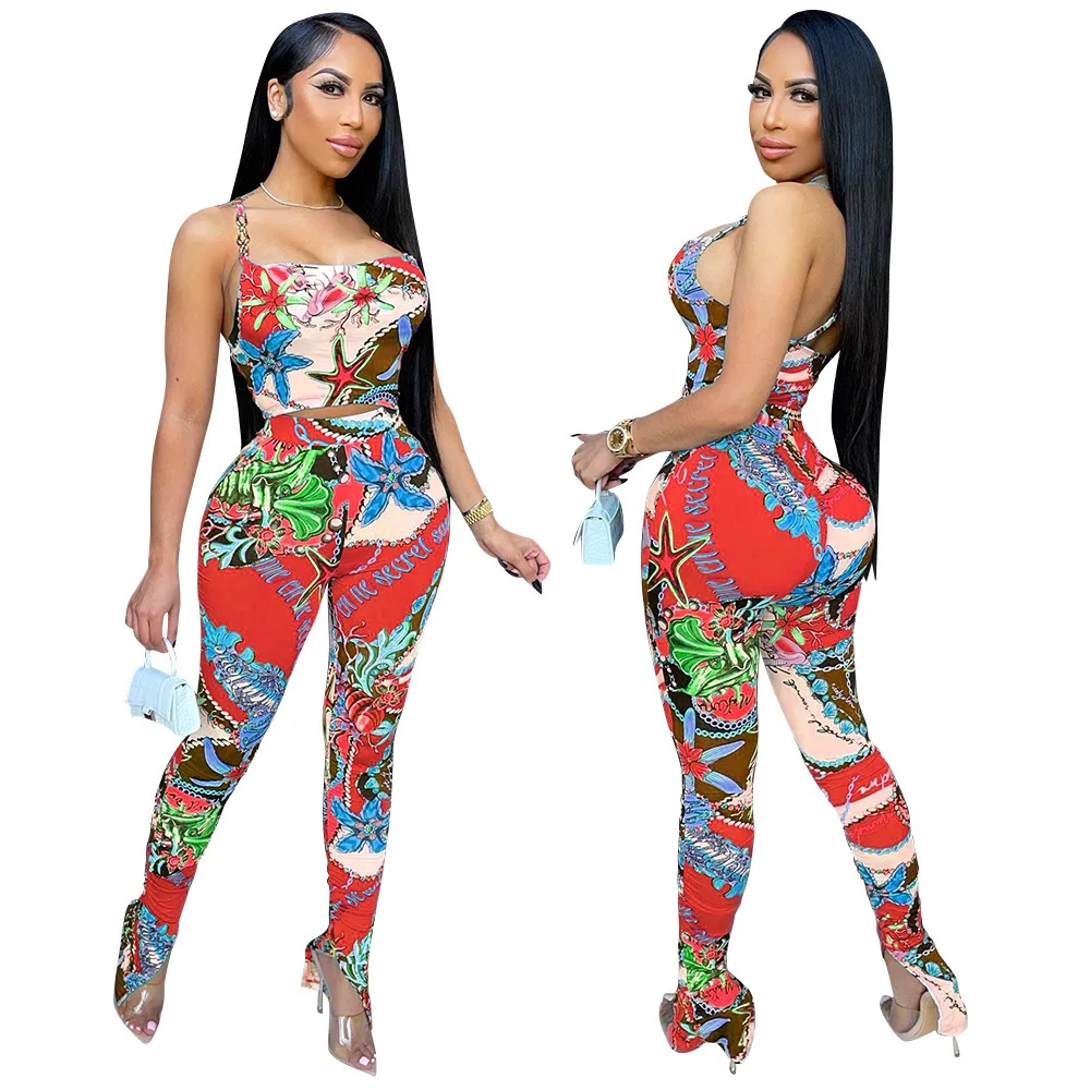 

SSEURAT Women Set Print Sleeveless Strap O-neck Crop Tops Stretchy Pencil Pants Two Piece Sets Outfit Summer Active Tracksuits
