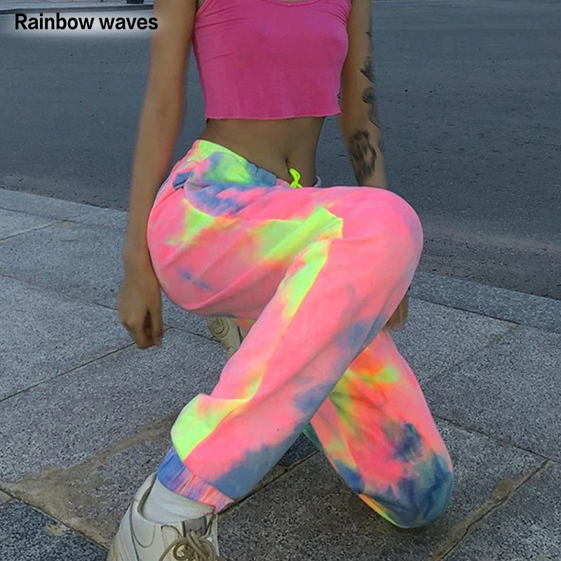 

Rainbowwaves Women Pants High Waist Pants European Station Ins Fashion Personality Tie-Dye Gradient Casual Loose Slim Pants