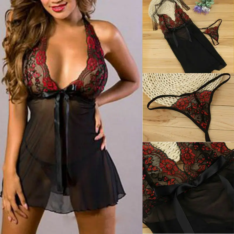 Женское сексуальное кружевное белье с цветочным принтом Babydoll G-String прозрачное