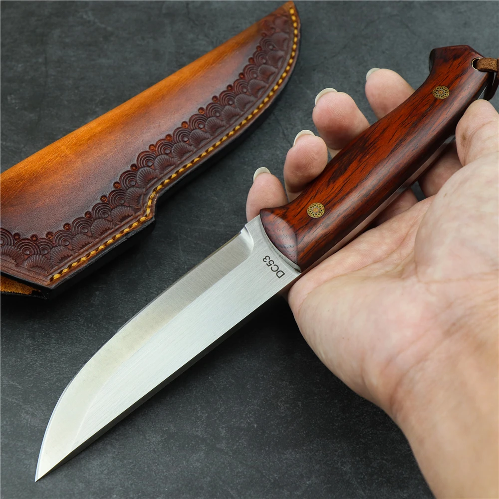 Открытый Кемпинг маленький прямой нож DC53 сталь желтый сандаловое дерево ручка