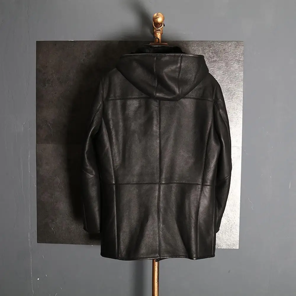 2019 Черная Мужская овчина с капюшоном мужская дубленка куртка меховое пальто