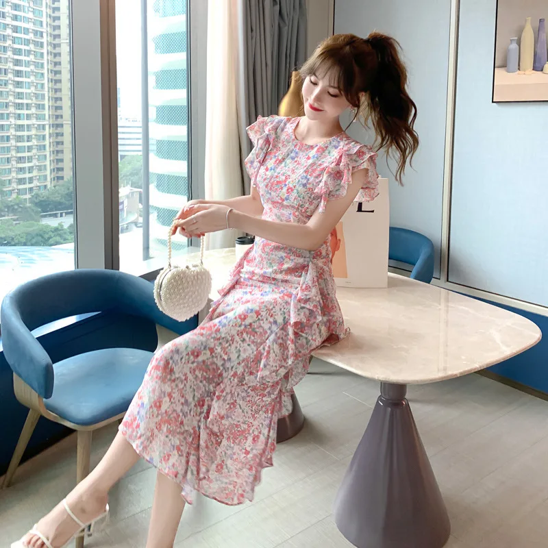 2021 Summe маленькое свежее измельченное длинное платье с цветочным принтом Новинка