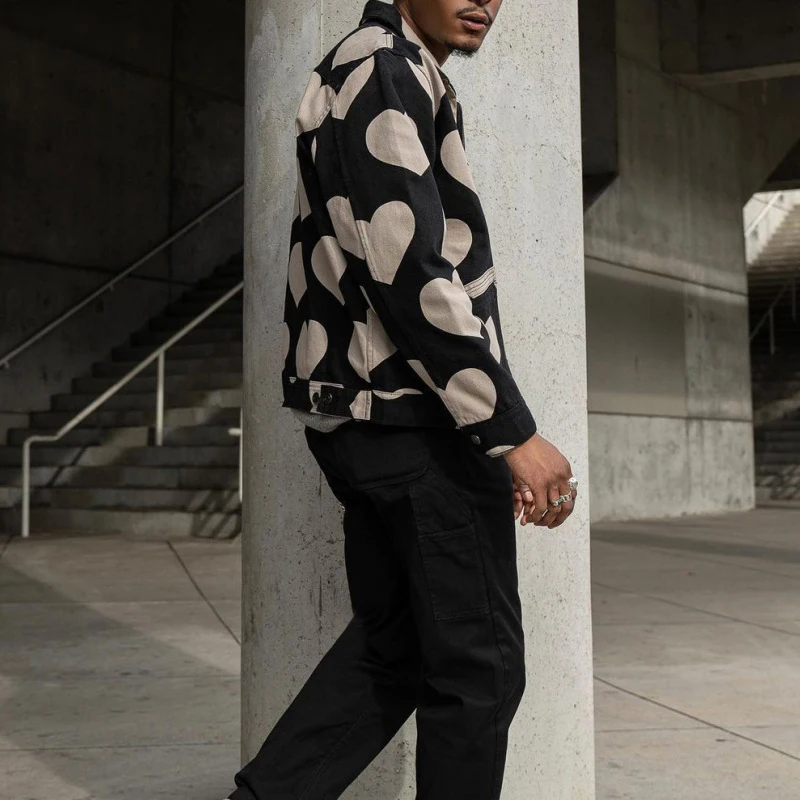 

Harajuku Fashion Hearts Print Lapel Jacket Men Casual Long Sleeve Loose Zipper Coats 2021 Spring Mens Clothes Hip Hop Streetwear
