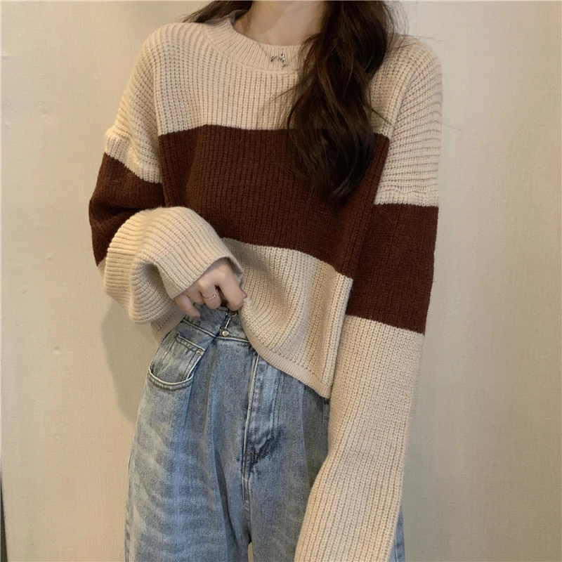 

Women's Sweater Mori Style Autumn and Winter with Hong Kong Style Retro Loose and Lazy Style Striped Sweater Outer Wear Long