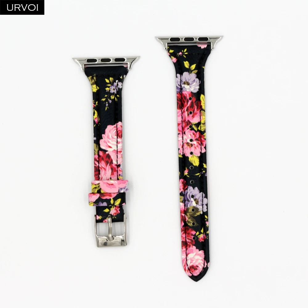 Pink flower URVOI тонкий ремешок для наручных часов Apple Watch, версии 5/4 3/2/1 пояса из натуральной кожи swift кожаный ремешок для наручных часов iWatch, наручные часы Современный для маленьких девочек с рисунком в стиле ремень - Цвет ремешка: Pink flower