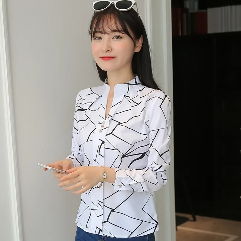 

Plus Size Women White Tops and Blouses Fashion Stripe Print Casual Office Lady Work Long Sleeve Shirts Female Slim Blusas