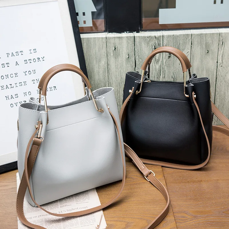 

New Simple And Large Capacity Women's Leather Bucket Vintage Handbag Big Round Cute Crossbody Shoulder Bags Fashion Versatile