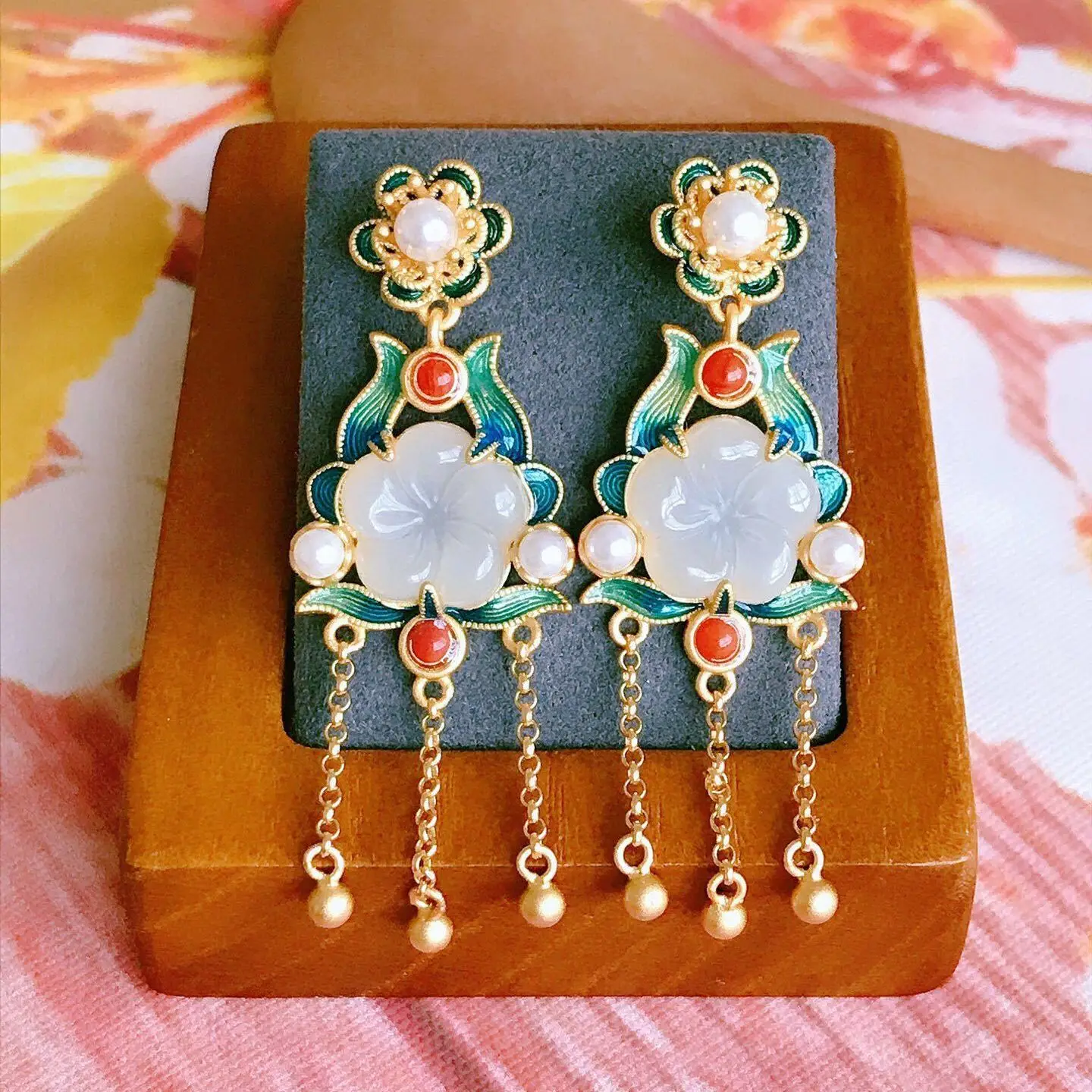 

Antique Eardrops Long Fringe Earrings Hetian Jade Vintage Chinese Style Sterling Silver Gilding Burnt Blue Little Flower Earring