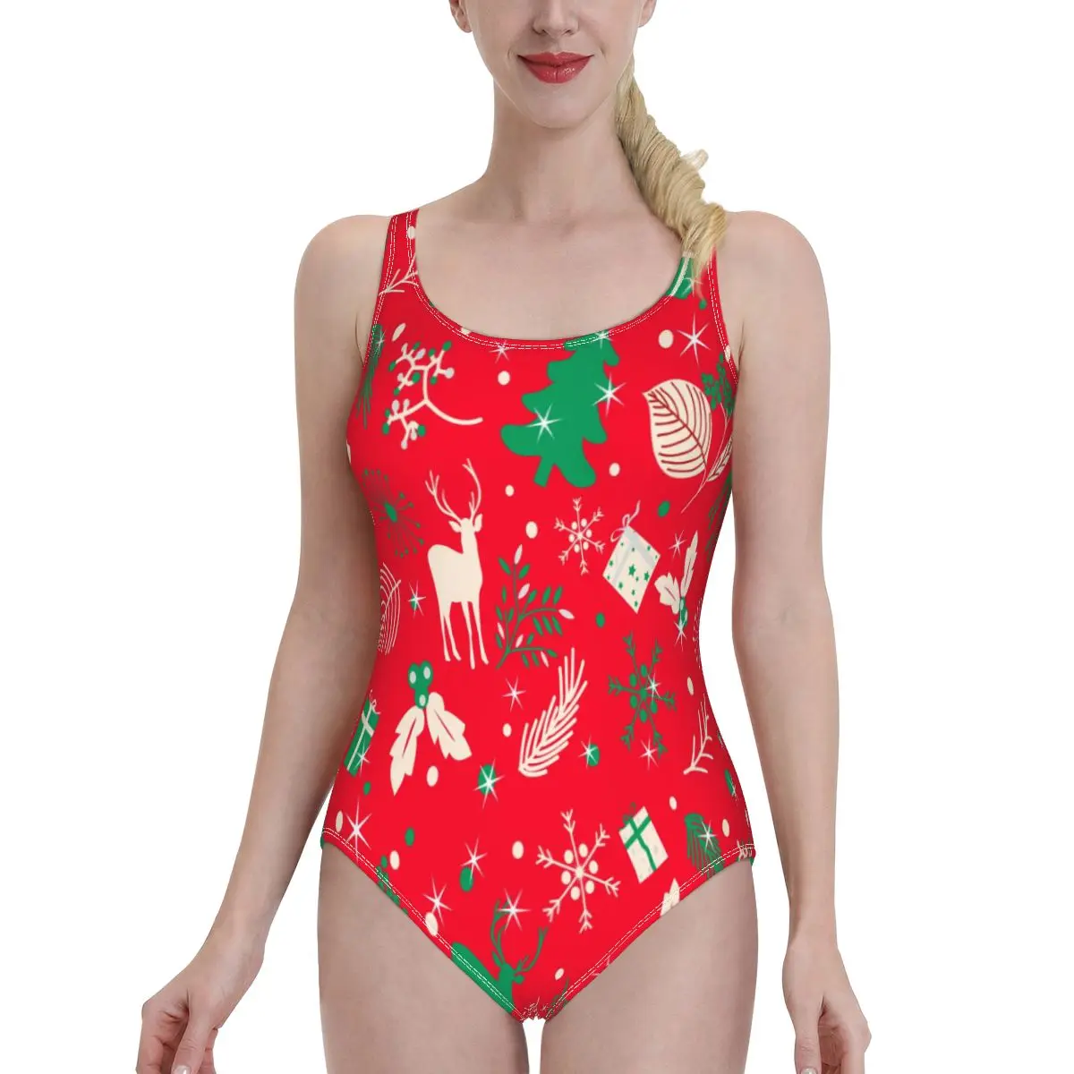 

2021 Women Swimwear Sexy One Piece Swimsuit Backless Bathing Suit Bodysuit Beachwear Swim Merry Christmas Tree Leaves And Deer