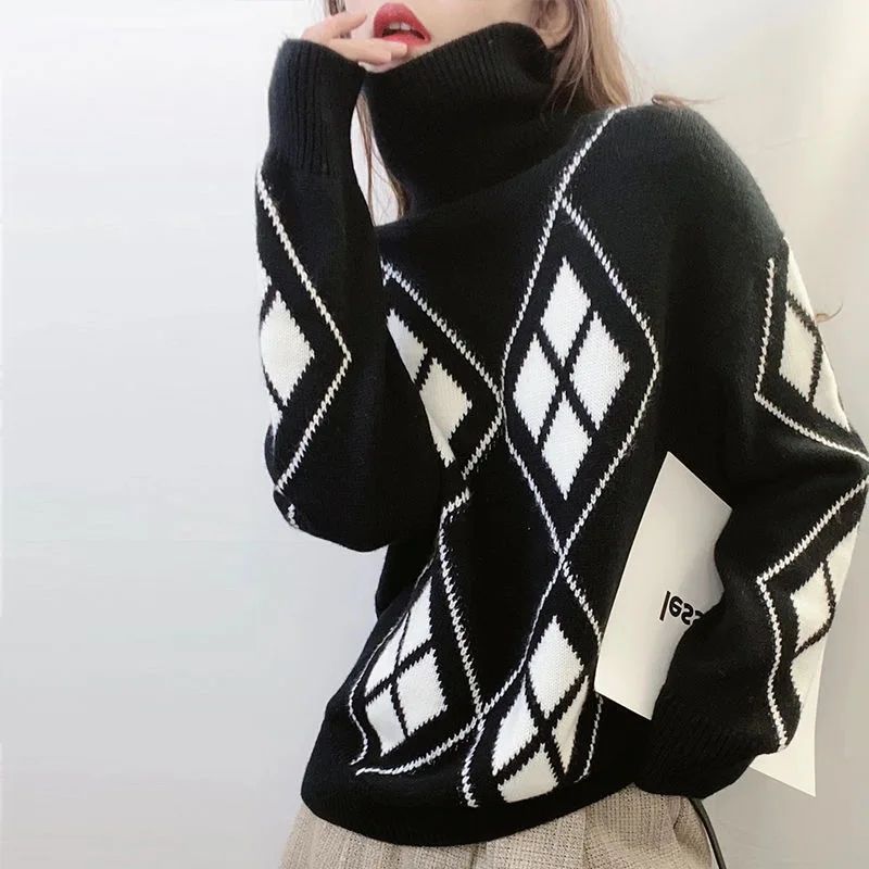 

Vintage Sweater 2021 Autumn Winter Fashion Turtleneck Pullover Women Korean High Street Knit Sweaters Female Loose Warm Clothes